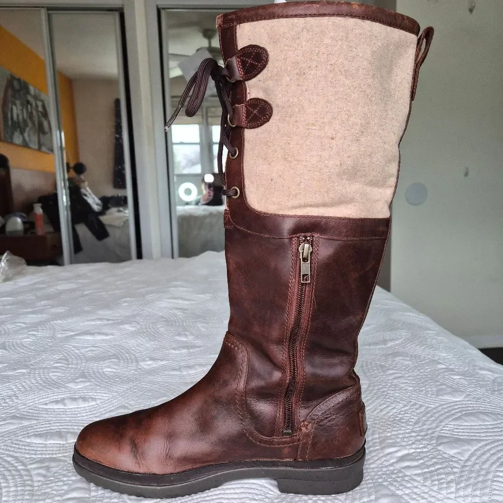VGUC UGG Elsa Tall Leather Boot Brown Cream size 8